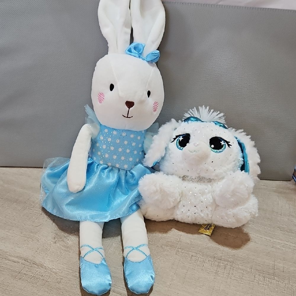 Bunny Bundle! Two White & Blue Bunny Plushes. P.Lushes & Walgreen Brand.